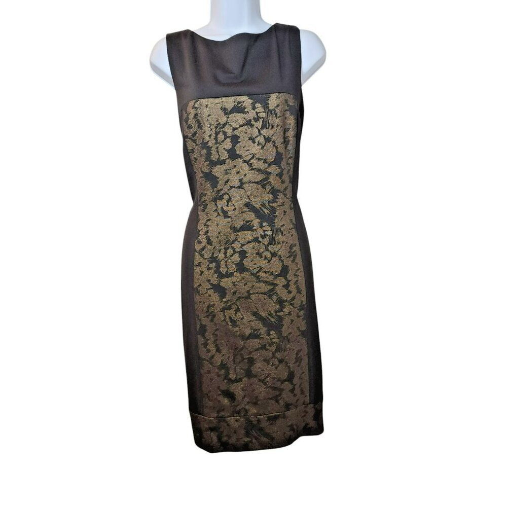 Tahari Arthur S. Levine‎ Dress 12 Black Gold Brocade Sleeveless Sheath Preowned